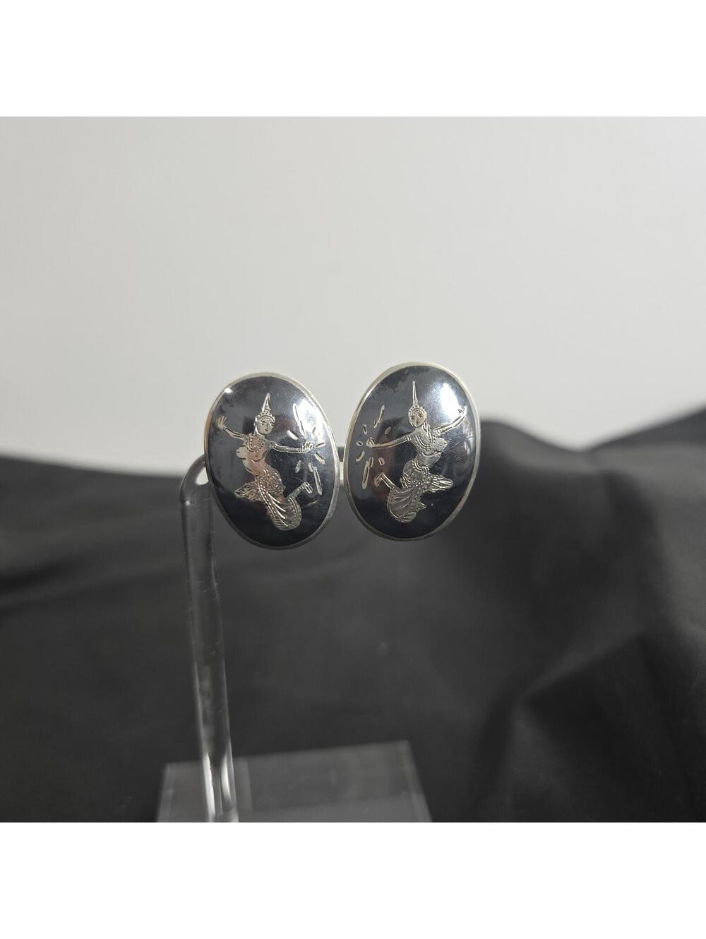Vintage Siam Sterling Silver Niello Dancer Clip On Earrings Thailand Enamel Stud